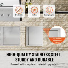 Two stainless steel outdoor kitchen access doors are shown, with features like strong magnets.