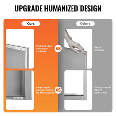 A comparison image showing a BBQ access door with a U-shaped edge and strong magnet versus another with a sharp edge and weak magnet.