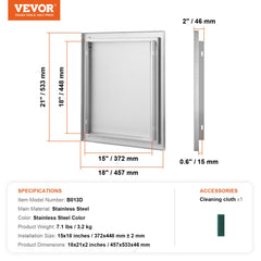 A stainless steel BBQ access door with dimensions and specifications.