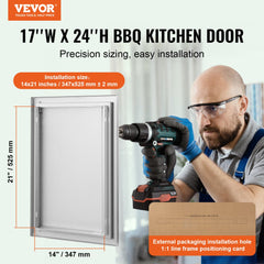 Stainless steel BBQ island access door, 17x24 inches, flush mount with hidden handle and magnetic closure.