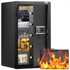 Black Bostome 4.0 cu.ft safe with single door, keypad, fingerprint, and key lock, open showing valuables.