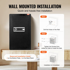 Diagram showing three steps for wall mounting a black Bostome safe box using a drill and screws.