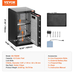 Black single-door safe box with 4.0 cu.ft capacity, key, password, and fingerprint locks, shown open with accessories.