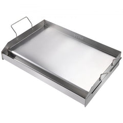 Stainless steel double burner griddle pan with non-stick surface and detachable handle.