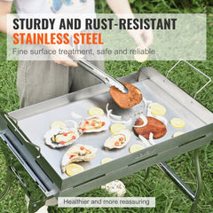 Stainless steel double burner griddle pan with non-stick surface and detachable handle.
