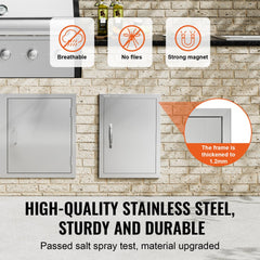 Stainless steel BBQ access door with magnetic closure and ergonomic handles, 16x22 inches.