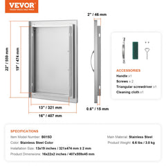 Stainless steel BBQ access door measuring 16x22 inches with ergonomic handles and magnetic closure.
