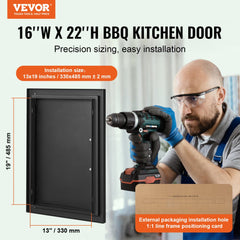 Matte black 16x22 inch BBQ access door in flush mount steel with installation diagram.