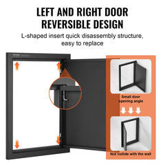 Matte black 16x22 inch BBQ access door with reversible L-shaped hinges for left or right opening.