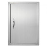 Stainless steel BBQ access door measuring 18x24 inches with a reversible design and ergonomic handles.