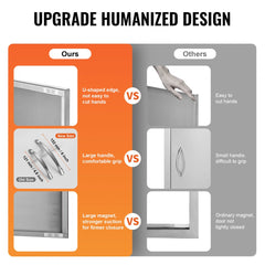 Comparison chart showing Bostome BBQ door's U-shaped edge, large handle, and strong magnet versus competitors' standard features.