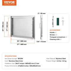 27x20 inch stainless steel flush mount BBQ access door with reversible hinges and dimensions.