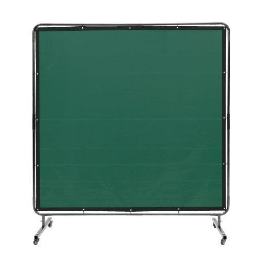 Green flame-resistant vinyl welding screen with wheels, measuring 6x6 feet.