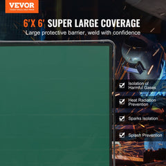 Green 6x6-foot flame-resistant vinyl welding screen on wheels for mobility and protection.