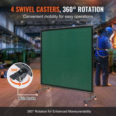 Green flame-resistant vinyl welding screen on wheels, measuring 6x6 feet for workspace safety.