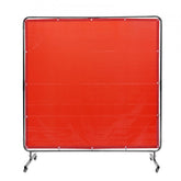 A 6x6 ft red flame-resistant vinyl welding screen with a steel frame and lockable wheels.