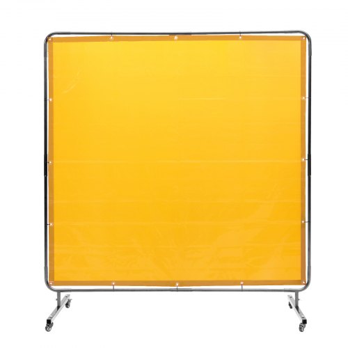 A 6x6 ft yellow flame-resistant vinyl welding screen with a metal frame on swivel wheels.