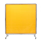 A 6x6 ft yellow flame-resistant vinyl welding screen with a metal frame on swivel wheels.