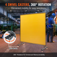Yellow 6x6 ft flame-resistant vinyl welding screen on metal frame with 4 swivel casters.
