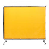 Yellow flame-resistant vinyl welding screen with wheels, measuring 6x8 feet.