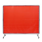 Red flame-resistant vinyl welding screen with wheels, measuring 6x8ft for workspace protection.