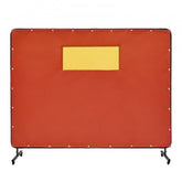 Red flame-resistant vinyl welding screen with wheels, measuring 6x8 feet.