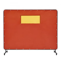 Red flame-resistant vinyl welding screen with wheels, measuring 6x8 feet.
