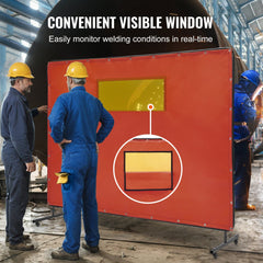 Red flame-resistant vinyl welding screen with wheels, measuring 6x8 feet for workspace safety.
