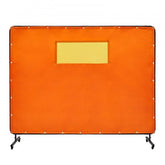 A 6x8 ft orange flame-resistant vinyl welding screen with yellow window, steel frame, and wheels.