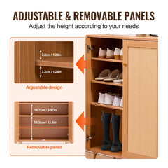 Wooden shoe cabinet with adjustable and removable shelves for various shoe sizes.