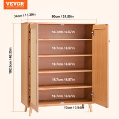 Bostome rattan shoe cabinet with 5 tiers, 2 doors, adjustable shelves, and dimensions shown.