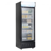 Bostome 12.2 Cu.Ft commercial beverage refrigerator with glass door and adjustable shelves.
