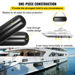 Four black ribbed boat fenders are shown, with one attached horizontally to a white yacht.