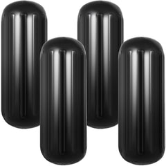 Four black ribbed boat fenders, each 10x28 inches, in a pack.
