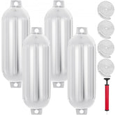 Four white vinyl ribbed boat fenders, each measuring 8.5"x27", for dock protection.