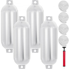 Four white vinyl ribbed boat fenders, each measuring 8.5"x27", for dock protection.