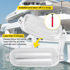 White vinyl ribbed boat fenders, 8.5"x27", with reinforced eyelets for secure installation.