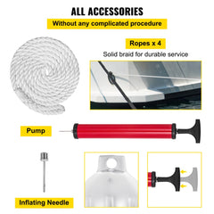 Four white vinyl ribbed boat fenders, each measuring 8.5"x27", with reinforced eyelets.