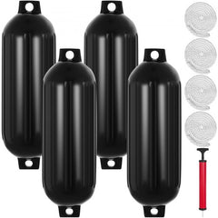 Black vinyl dock bumpers in a 4-pack, measuring 8.5"x27", with ribbed surface and eyelets.