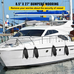 Black vinyl ribbed boat fenders, 8.5"x27", in a 4-pack for dock protection.