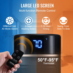 Bostome 1500W ceramic space heater with remote control and safety features in a compact design.