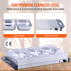 Stainless steel electric buffet server with three 2.5-quart trays and adjustable temperature knob.