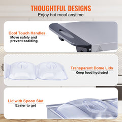 Stainless steel electric buffet server with three trays, dome lids, and adjustable temperature knob.