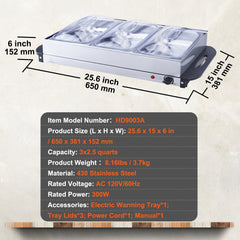 Stainless steel electric buffet server with three trays, dome lids, and adjustable temperature knob.