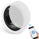 White 6.5-inch Bluetooth ceiling speaker with open grille and smartphone pairing.