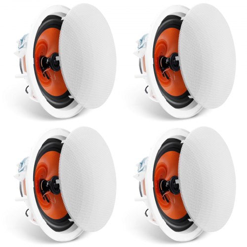 Four white 8-inch ceiling speakers with orange woofers and paintable grilles.
