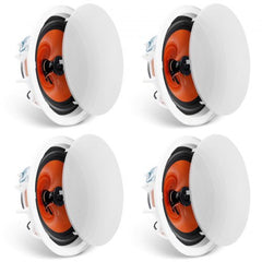 Four white 8-inch ceiling speakers with orange woofers and paintable grilles.