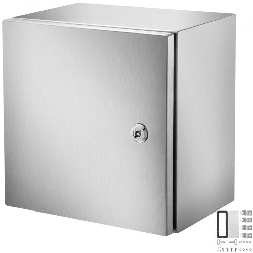 Stainless steel electrical enclosure box measuring 12x12x8 inches with IP66 waterproof rating.