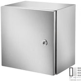 Stainless steel electrical enclosure box measuring 12x12x8 inches with IP66 waterproof rating.