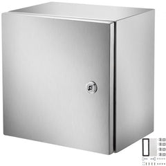 Stainless steel electrical enclosure box measuring 12x12x8 inches with IP66 waterproof rating.